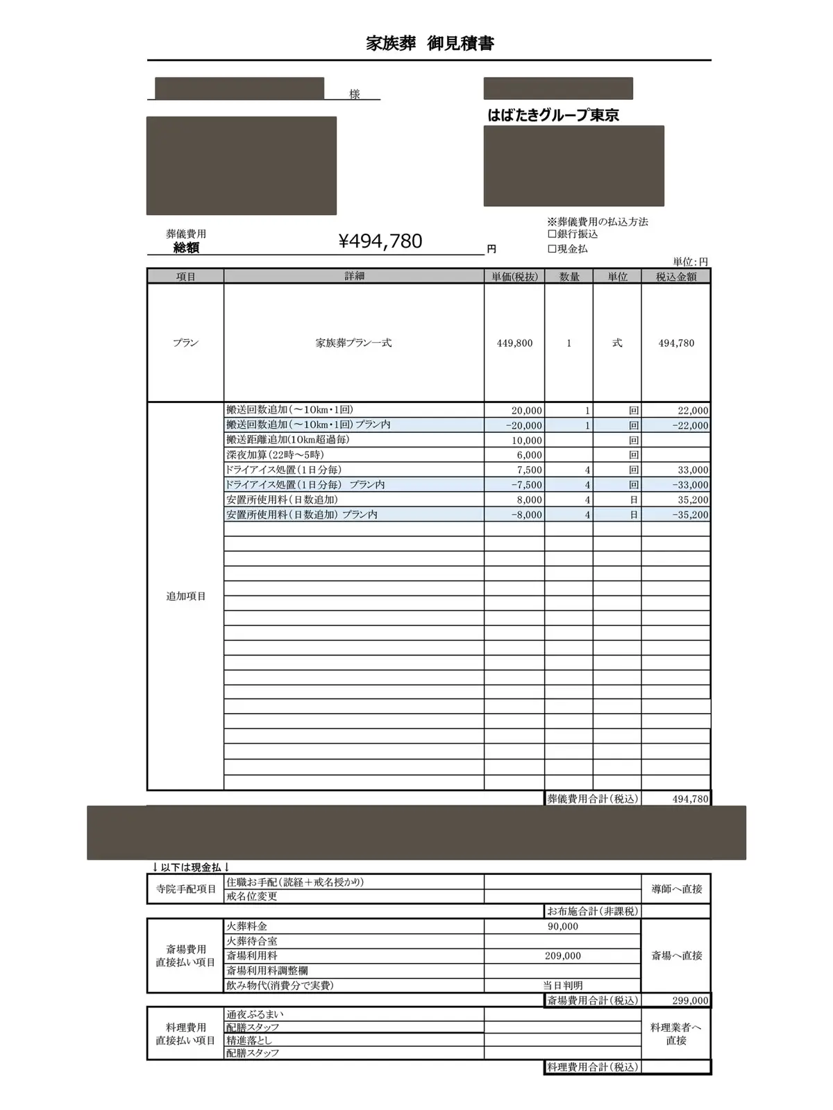 はばたきグループ はばたきグループで行った家族葬プランの実際の請求書(追加料金なし)